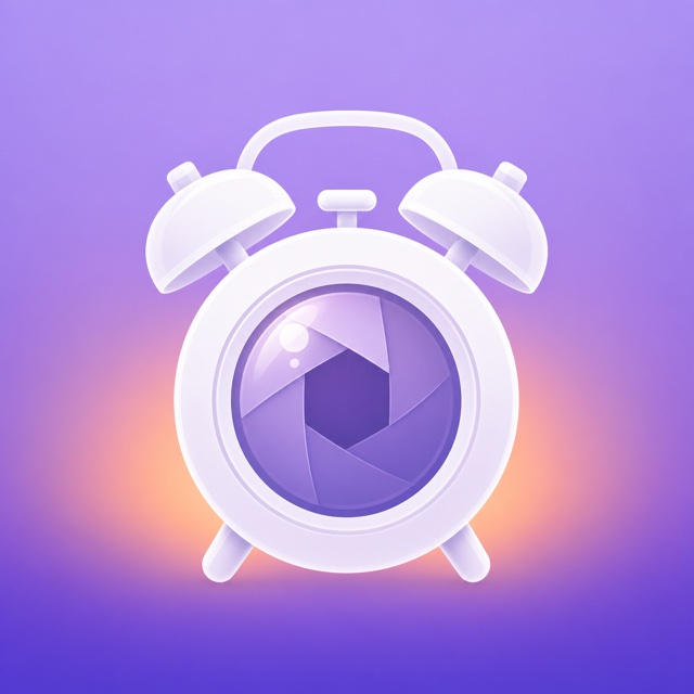Alarmed app icon: a lavender alarm clock with a camera lens for a face
