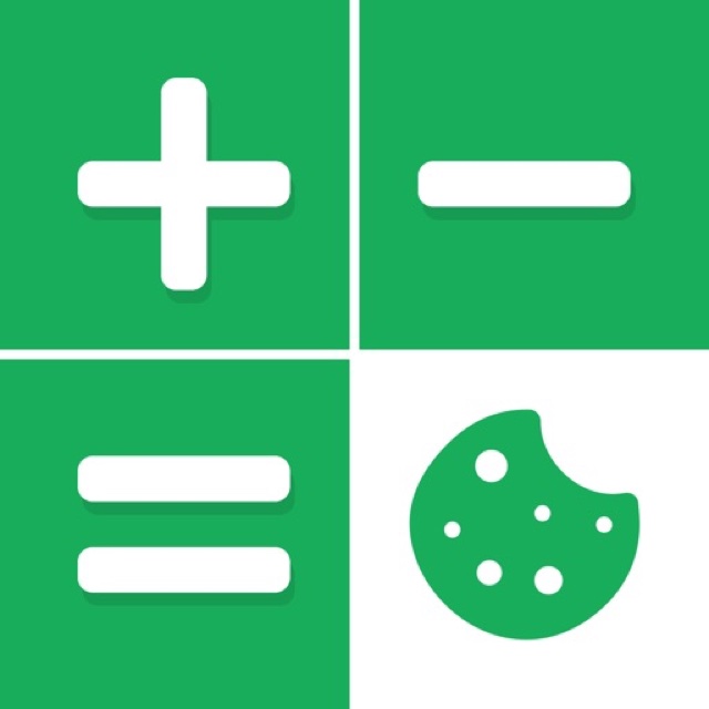 Cookie Calculator app icon: green plus, minus and equals signs beside a cookie