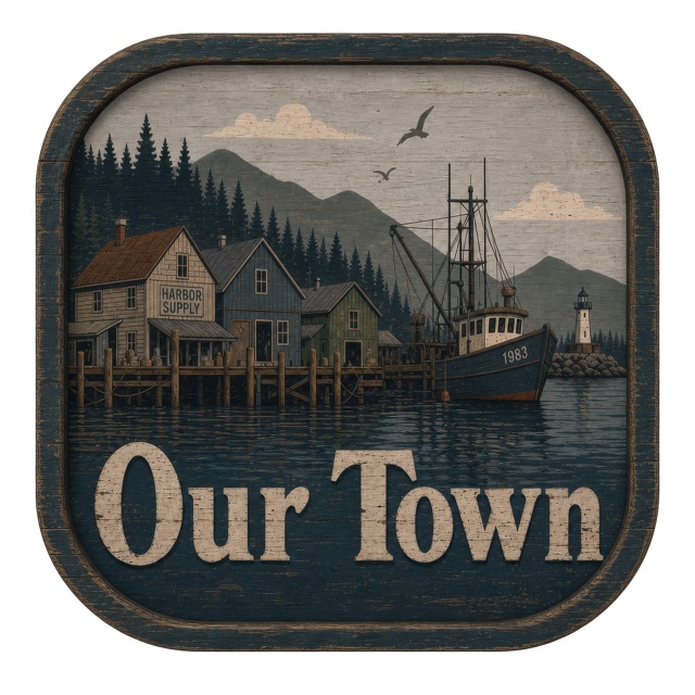 Our Town app icon: a painted harbor with a fishing boat and lighthouse