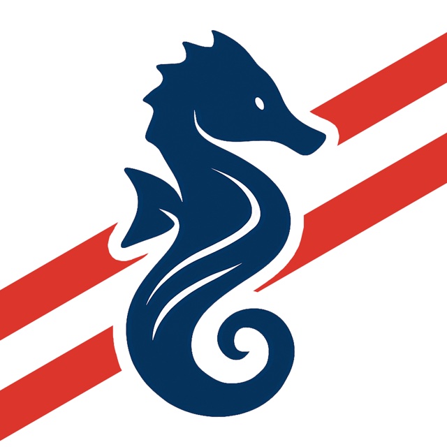 Sea Horse Races app icon: a navy seahorse over red racing stripes