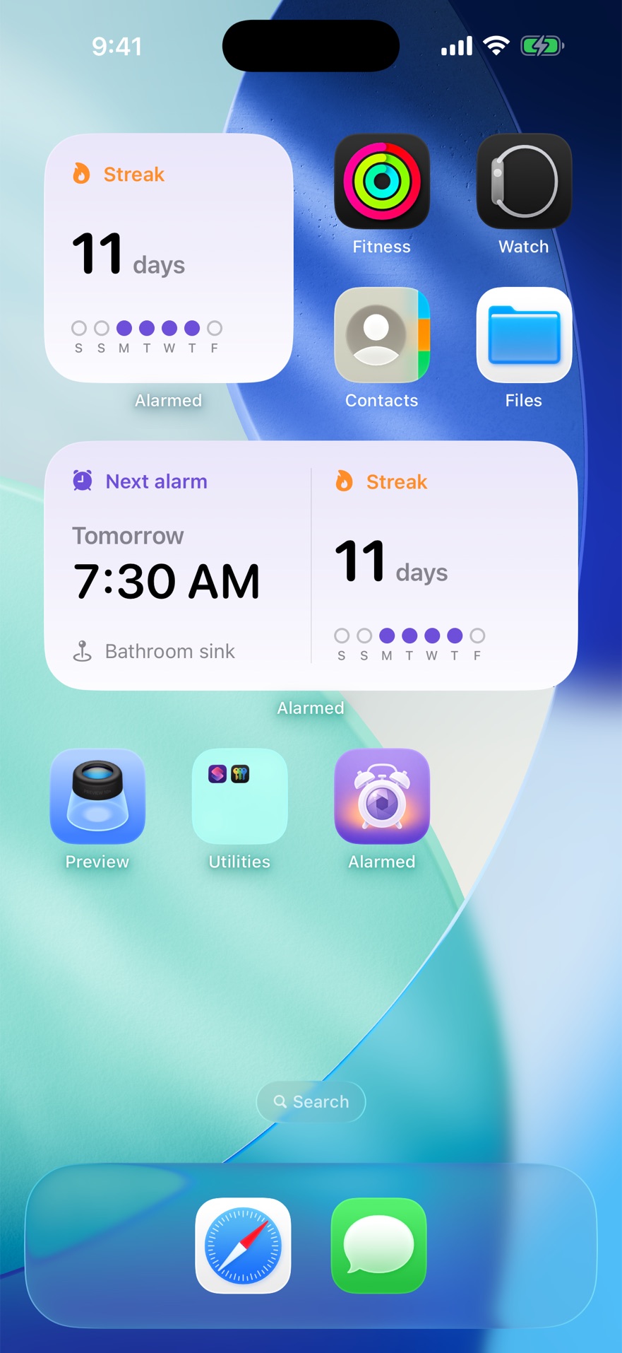 Home Screen widgets showing an 11-day streak and the next alarm, tomorrow at 7:30 AM.