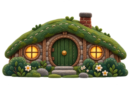 A felt cottage built into a hillside with lit windows.