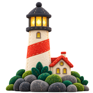 A felt lighthouse, its lamp lit.