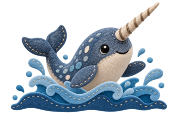 A felt narwhal surfacing in the bay.