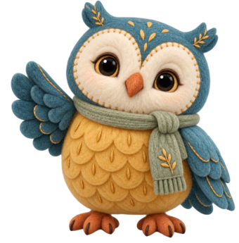 A felt owl in a scarf, the guide that introduces the app.