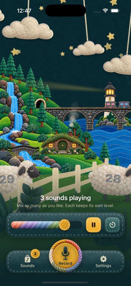 The Shwssh player: a felt night pasture with sheep, a cottage and a lighthouse, above a volume cord and the record button.