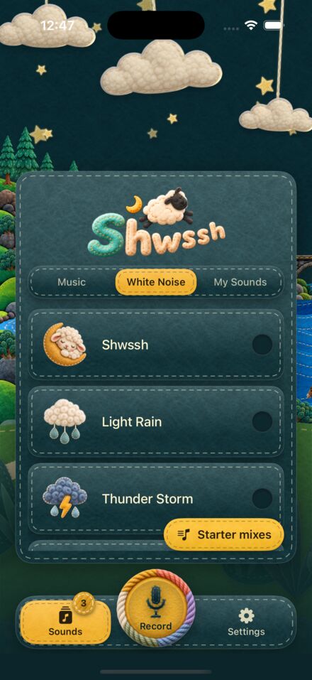 The sound library, with White Noise selected and Shwssh, Light Rain and Thunder Storm listed.